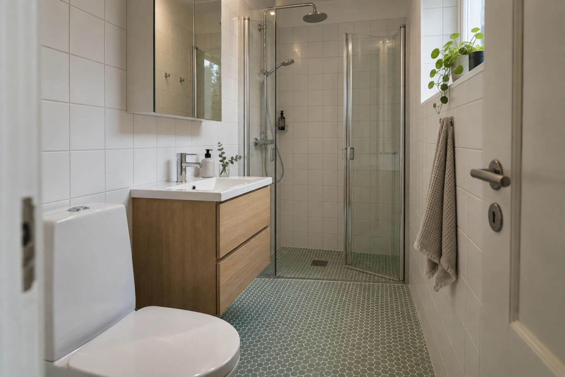 Badeværelse med bruseniche, toilet og vask med spejl.