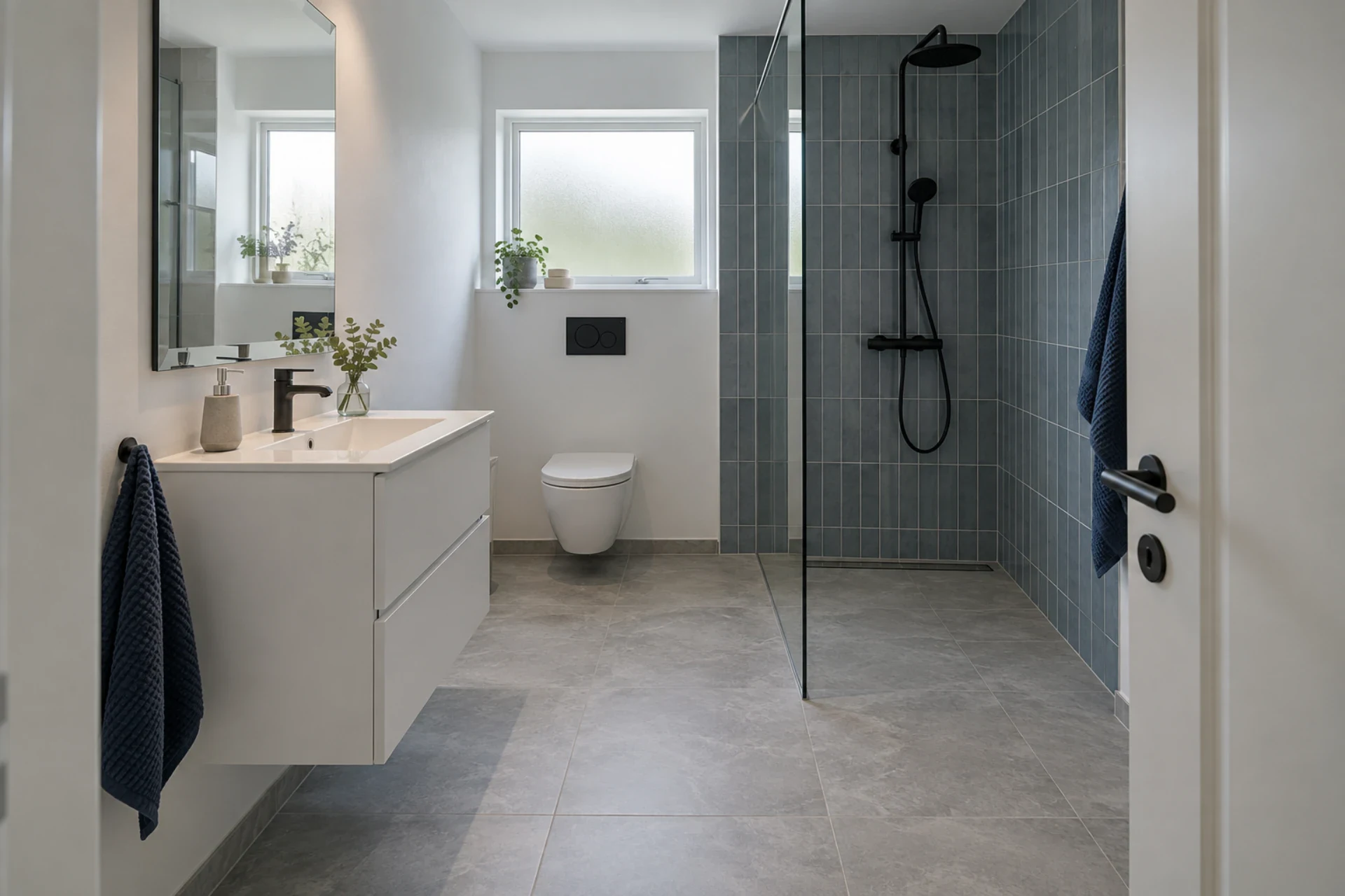 Elegant badeværelse med bruseniche, vask og toilet i minimalistisk design.