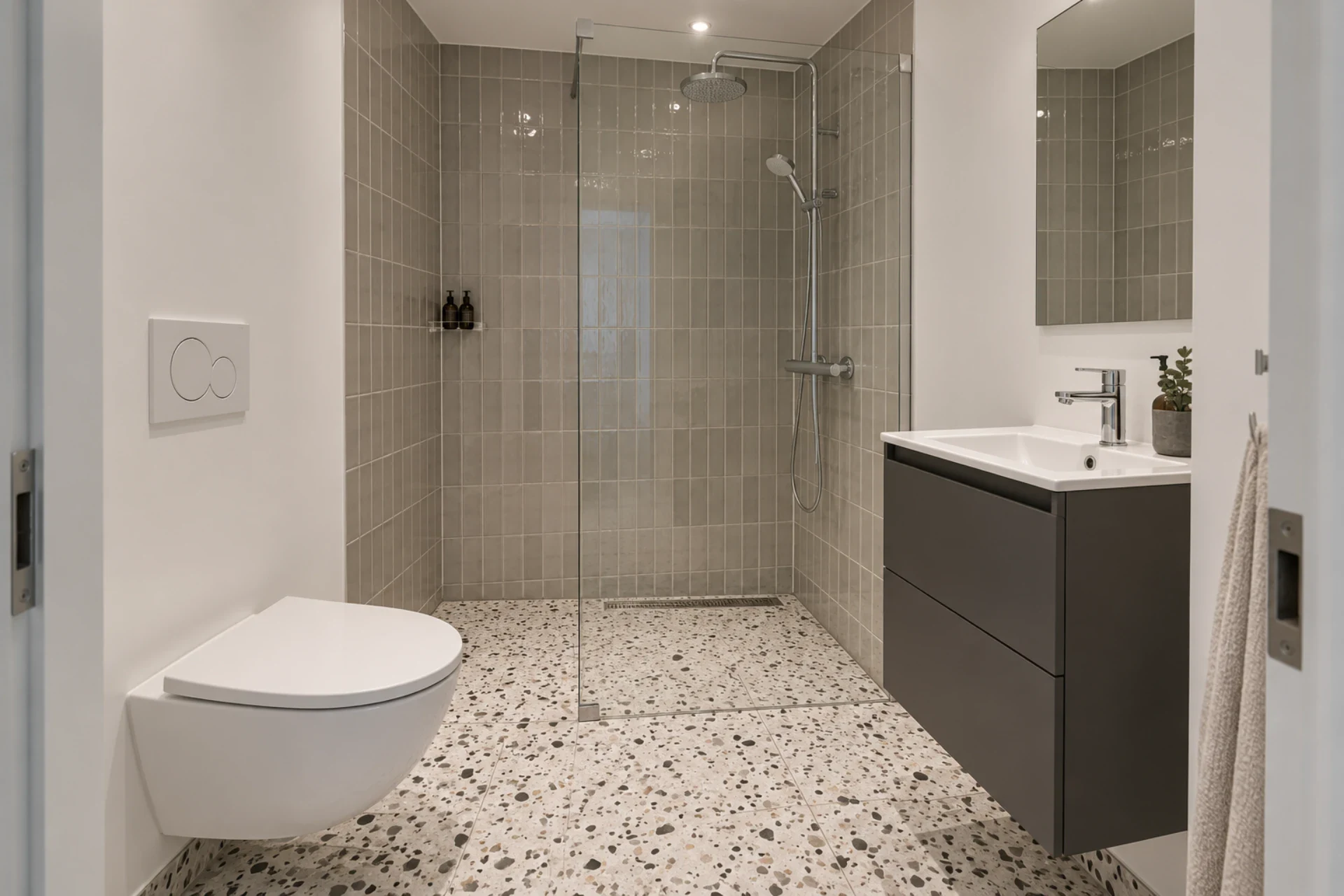 Badeværelse med bruseniche, væghængt toilet og vaskeskab.