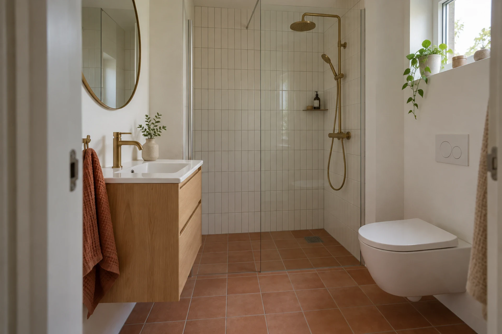 Badeværelse med bruseniche, væg- og gulvfliser, vask og toilet.