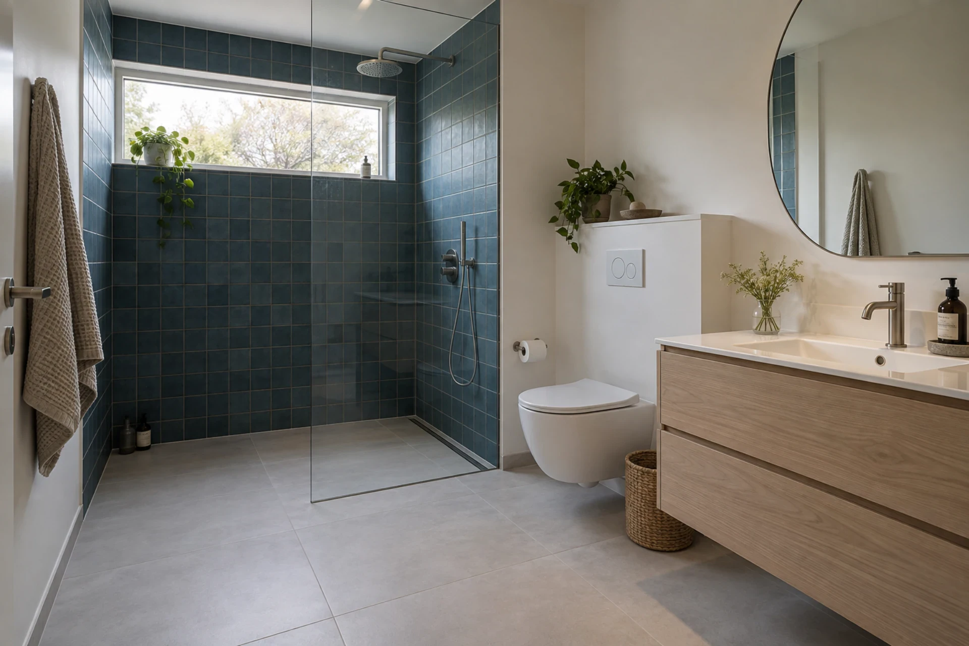 Elegant badeværelse med bruseniche, toilet og vaskeskab.