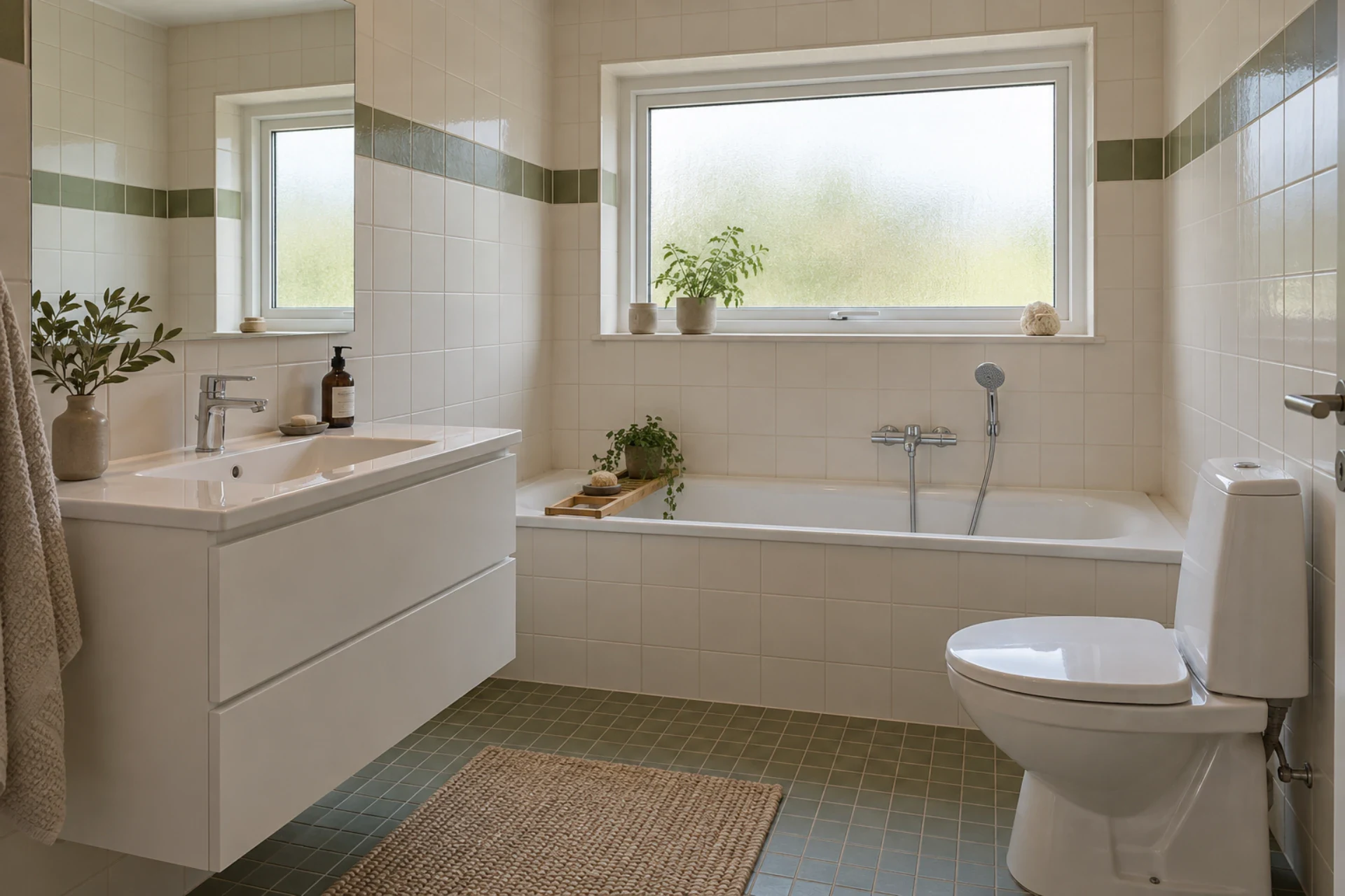 Badeværelse med badekar, toilet og store vinduer, naturligt lys.