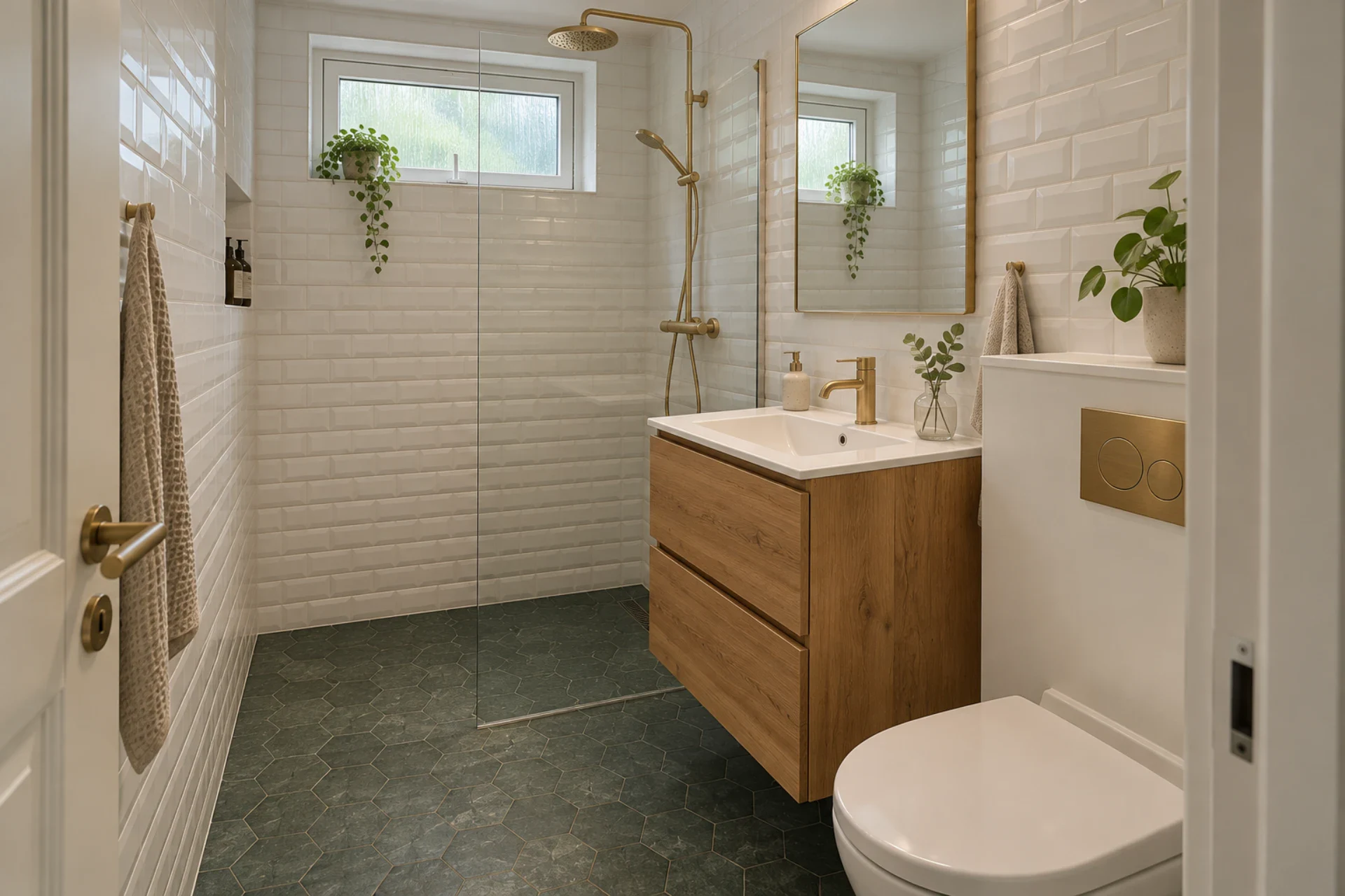 Badeværelse med bruseniche, vask og toilet i moderne design.