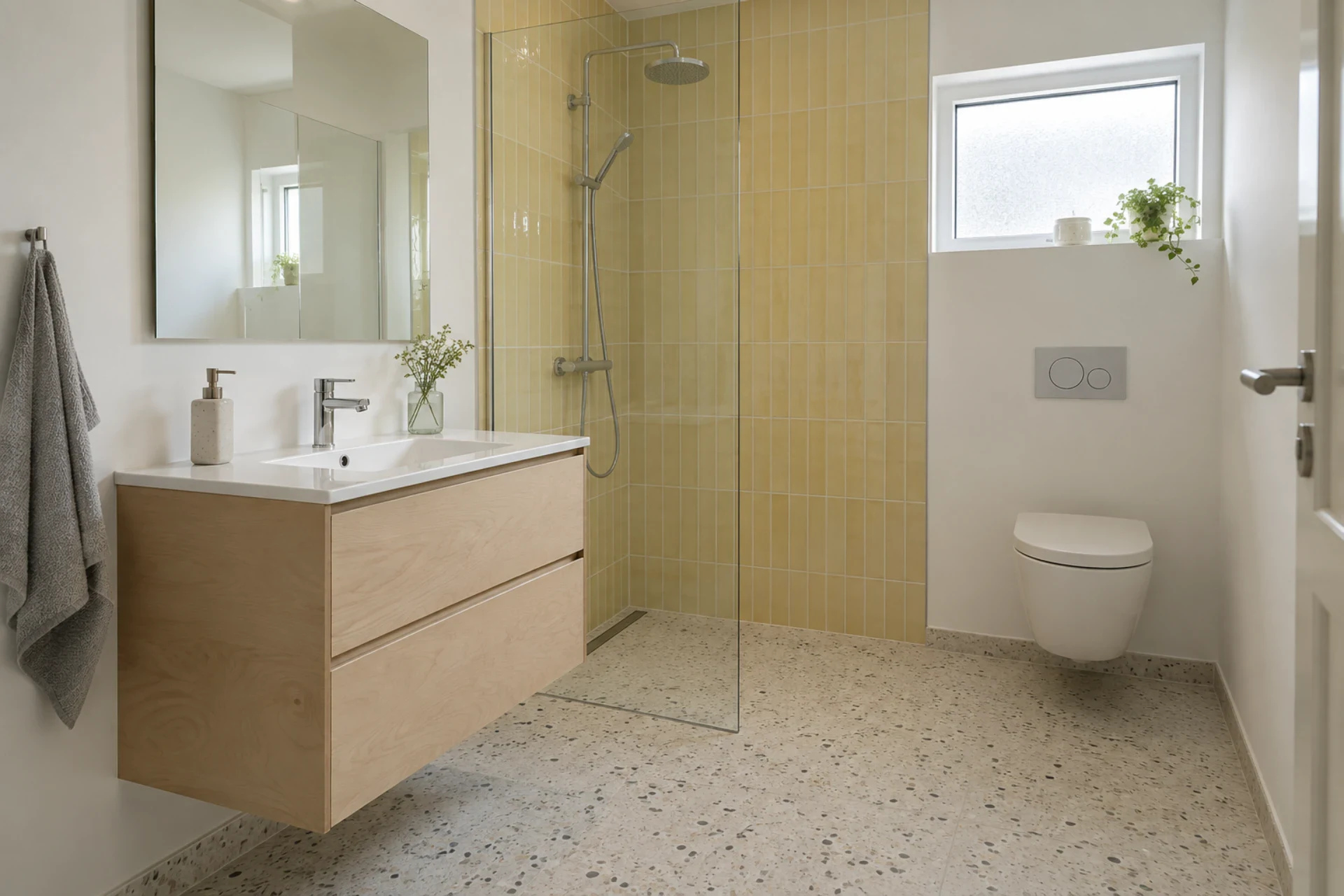 Elegant badeværelse med bruseniche, vægskabe og toilet.