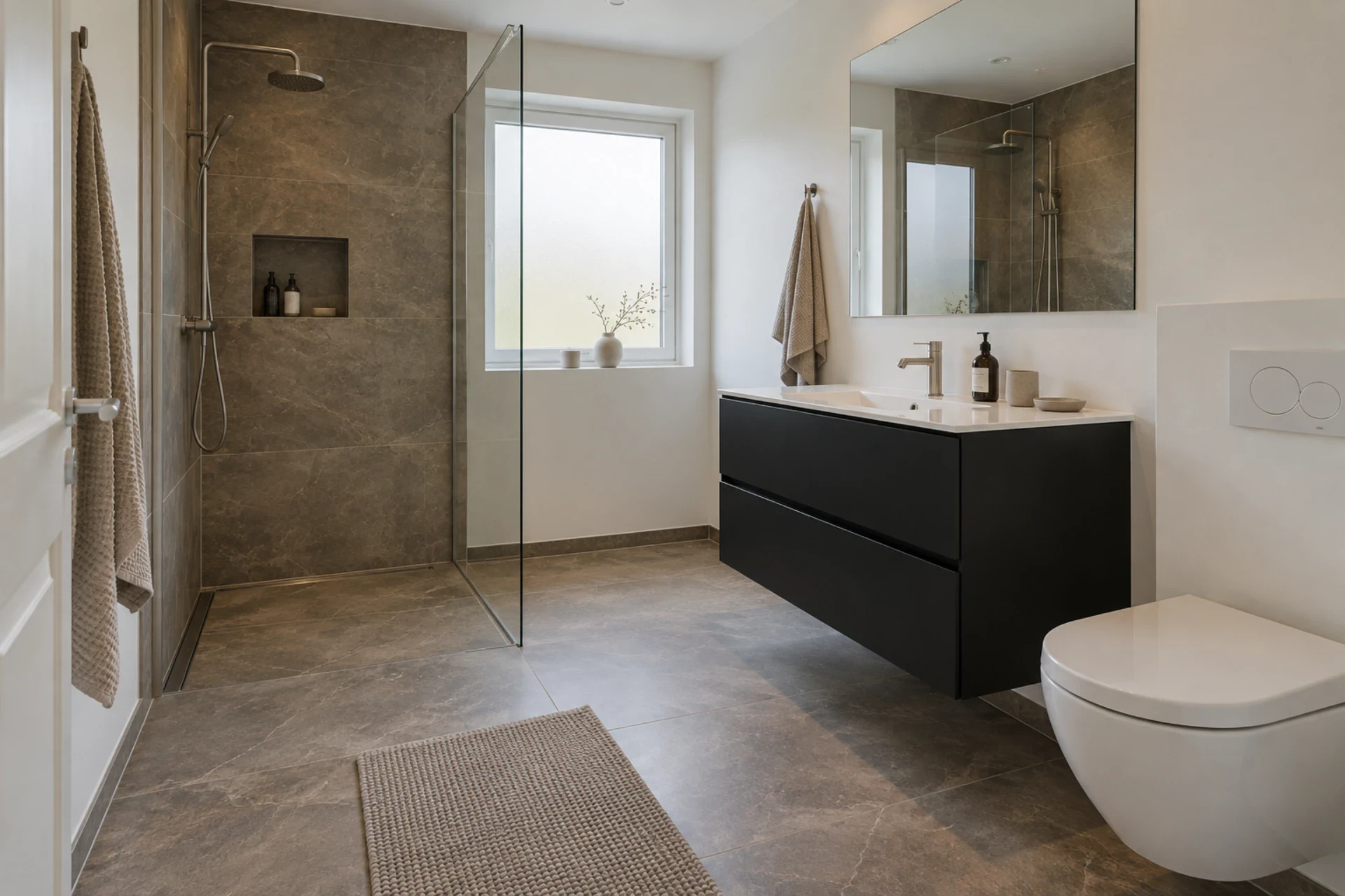 Elegant badeværelse med bruseniche, vask og toilet i minimalistisk design.