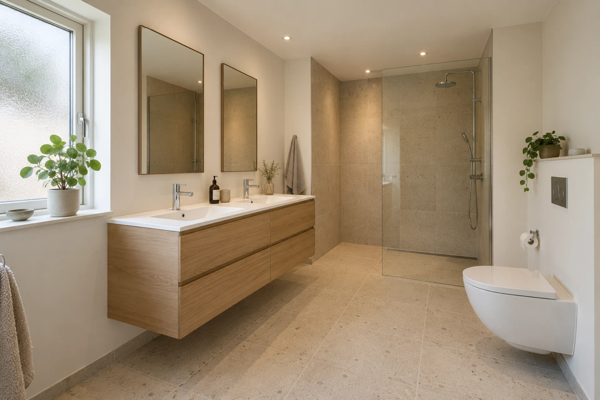 Elegant badeværelse med dobbeltspejl, bruseniche og vægmonteret toilet.