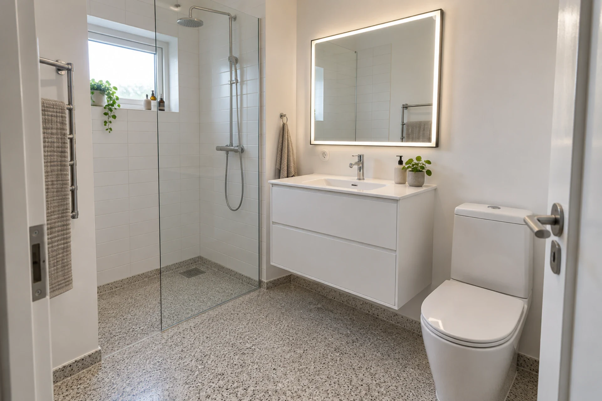 Elegant badeværelse med bruseniche, vægskabe og toilet.