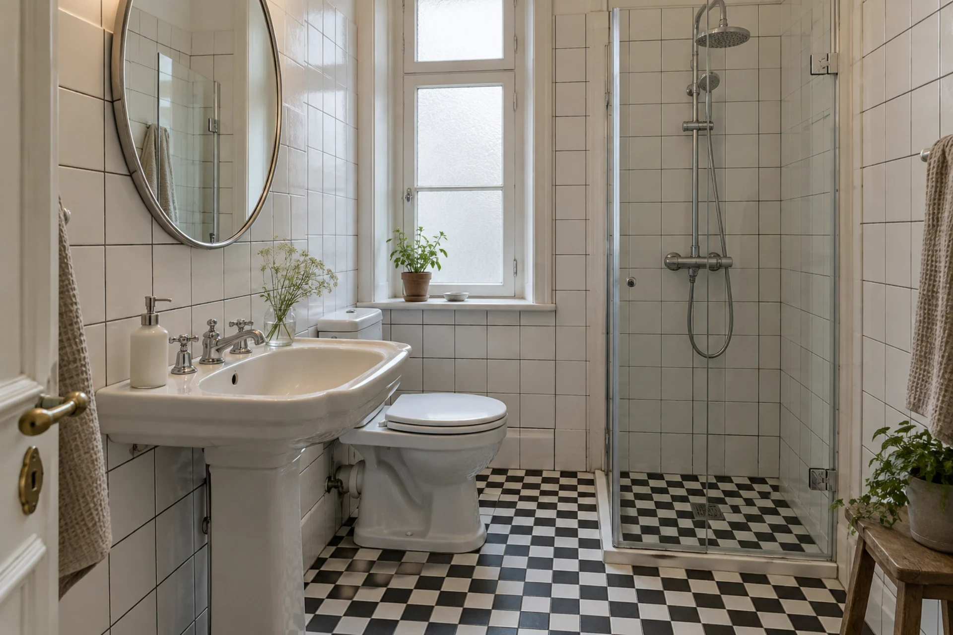Badeværelse med bruseniche, vask og toilet i et lyst rum.