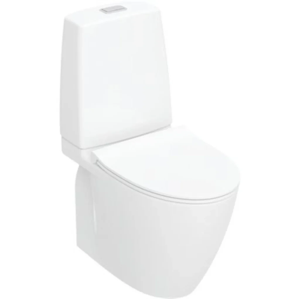 Moderne hvid toilet med blød lukning og vandbesparende funktion.