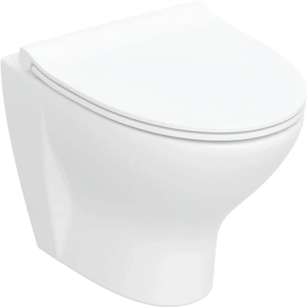 Hvid vægtoilet med blødt luk og minimalistisk design.